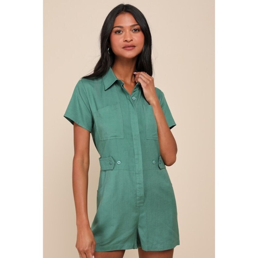 Lulus Cuteness Awaits Green Linen Collared Short Sleeve Romper - Size XL